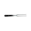 The Messermeister Meridian Elite Kullens Carving Set - 2 Piece features a stainless steel meat fork with a black triple-riveted handle and a high-carbon German steel carving knife, both displayed on a white background.