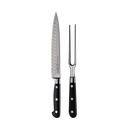 The Messermeister Meridian Elite Kullens Carving Set - 2 Piece, featuring black handles with silver rivets and crafted from high-carbon German steel, is displayed side by side on a plain white background.