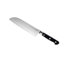 The Messermeister Meridian Elite Kullens Santoku Knife - 7" features German-forged steel, a black triple-riveted handle, a wide blade with granton (hollow-edge) dimples, and is shown on a white background.