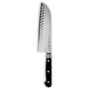The Messermeister Meridian Elite Kullens Santoku Knife - 7" features German-forged steel, a black triple-riveted handle, and hollow-edge oval indentations along the blade, shown on a white background.