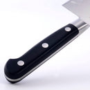 Close-up of the Messermeister Meridian Elite Kullens Santoku Knife - 7", showing its black handle with silver rivets and part of the German-forged, hollow-edge blade from Messermeister, all set against a white background.