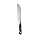 The Messermeister Meridian Elite Kullens Santoku Knife - 7" is a German-forged steel blade with a black, triple-riveted handle and hollow-edge oval indentations, shown on a plain white background.