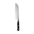 A stainless steel Santoku knife with a black three-rivet handle on a white background complements the Messermeister Meridian Elite Next Level Block Set - 11 Piece, pairing well with any magnetic knife block.