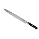 The Messermeister Meridian Elite Kullens Slicer - 10" is a long German-forged kitchen knife with a black triple-riveted handle and oval indentations along the blade’s edge.