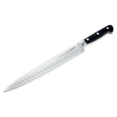 The Messermeister Meridian Elite Kullens Slicer - 10" features a long stainless steel blade with oval indentations for reduced friction, a black handle with three rivets, making it ideal for precise and effortless slicing.