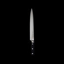 The Messermeister Meridian Elite Kullens Slicer - 10" is a long, sharp German-forged carving knife with a black, triple-riveted handle, displayed against a solid black background.