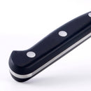 Close-up of the Messermeister Meridian Elite Kullens Slicer - 10" handle, showing three metal rivets, an ergonomic curve, and exposed tang, crafted by Messermeister, set against a white background.