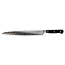 The Messermeister Meridian Elite Kullens Slicer - 10" features a sharp silver blade with oval indentations and a black handle, designed by Messermeister for precise slicing.