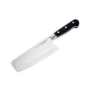 The Messermeister Meridian Elite Kullens Vegetable Knife - 7" features a German-forged, wide stainless steel blade with scalloped edges and a black triple-riveted handle, shown on a white background.