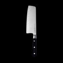 The Messermeister Meridian Elite Kullens Vegetable Knife - 7" features a wide, rectangular stainless steel blade with hollow edge indentations and a triple-riveted black handle, inspired by classic usuba knife design, shown on a solid black background.