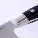 Close-up of the Messermeister Meridian Elite Kullens 7" Vegetable Knife, highlighting its shiny blade marked with "Messermeister" and "Germany," plus a black handle with a silver rivet.