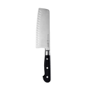 The Messermeister Meridian Elite Kullens Vegetable Knife - 7" features German-forged stainless steel, oval indentations near the edge, and a black triple-riveted handle, shown on a plain white background.