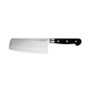 The Messermeister Meridian Elite Kullens Vegetable Knife - 7" features a wide, rectangular stainless steel blade and a black handle with three rivets, shown on a white background.