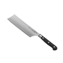 The Messermeister Meridian Elite Nakiri Knife - 6.5", a German-forged stainless steel cleaver-style blade with a straight edge and three-riveted black handle, is displayed on a plain white background—a kitchen essential.