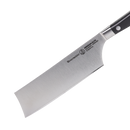 A close-up of the Messermeister Meridian Elite Nakiri Knife - 6.5", showcasing its German-forged, wide rectangular stainless steel blade and sleek black handle, photographed on a white background—a must-have from Messermeister.