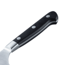 Close-up of the Messermeister Meridian Elite Nakiri Knife - 6.5" handle in black and silver with three metal rivets, set against a white background—an ideal match for your premium German-forged kitchen tools.
