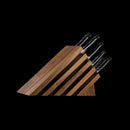 The Messermeister Meridian Elite Next Level Block Set - 11 Piece features German stainless steel knives with black handles in a wooden block, displayed in descending size order against a black background.