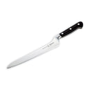 The Messermeister Meridian Elite Offset Scalloped Bread Knife - 8" features a long stainless steel blade and a black handle with three metal rivets, shown on a white background.