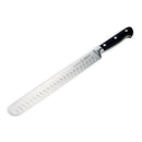 The Messermeister Meridian Elite Round Tip Kullens Slicer - 10", featuring German-forged steel, a black triple-riveted handle, and kullens along the blade, rests on a white background.