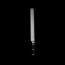 The Messermeister Meridian Elite Round Tip Kullens Slicer - 10" features a black three-rivet handle and German-forged steel blade with oval indentations, all shown on a solid black background.