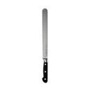 The Messermeister Meridian Elite Round Tip Kullens Slicer - 10" features a long, serrated German-forged blade with scalloped indents, a black handle with three silver rivets, and is shown on a plain light gray background.