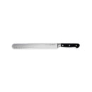 The Messermeister Meridian Elite Round Tip Kullens Slicer - 10" features a black triple-riveted handle and a German-forged steel blade with oval indents, making it an ideal brisket slicer. Displayed on a white background.