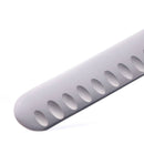 Close-up of a Messermeister Meridian Elite Round Tip Kullens Slicer - 10", showcasing its stainless German-forged blade with a rounded tip and oval indentations, set against a white background.