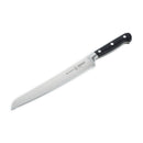 The Messermeister Meridian Elite Scalloped Bread Knife - 9", featuring a stainless steel blade and black triple-riveted handle, is shown against a white background.