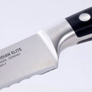 Close-up of a Messermeister Meridian Elite Scalloped Bread Knife - 9" with a black handle, highlighting the blade's edge and engraved Messermeister branding on the stainless steel.