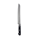 The Messermeister Meridian Elite Scalloped Bread Knife - 9", with a black triple-riveted handle and long stainless steel blade, is shown on a plain white background.