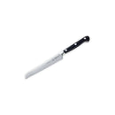 The Messermeister Meridian Elite Scalloped Utility Knife - 5" features a precision-forged German blade of high-carbon stainless steel, a black handle with three rivets, and is perfect for slicing bread.