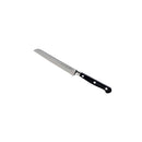The Messermeister Meridian Elite Scalloped Utility Knife - 5" features a serrated high-carbon stainless steel blade and a black triple-riveted handle, showcased against a white background.