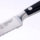 Close-up of the Messermeister Meridian Elite 5" Scalloped Utility Knife, featuring a serrated high-carbon stainless steel blade, black handle, and precision-forged construction in Solingen, Germany.