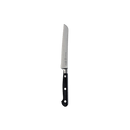 The Messermeister Meridian Elite Scalloped Utility Knife - 5" features a black triple-riveted handle and precision-forged German construction, shown in a photo against a plain white background.