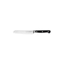 The Messermeister Meridian Elite Scalloped Utility Knife - 5" features a high-carbon stainless steel blade, precision-forged in Germany, with a black triple-riveted handle and scalloped edge, shown against a white background.