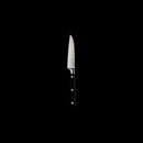 The Messermeister Meridian Elite Sheep's Foot Paring Knife - 3.5", featuring a black three-riveted handle, is centered against a solid black background.