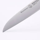 Close-up of the Messermeister Meridian Elite Sheep's Foot Paring Knife - 3.5" showcasing its pointed high-carbon stainless steel blade engraved with Meridian Elite and Made in Germany, set against a white background.