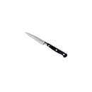 The Messermeister Meridian Elite Spear Point Paring Knife - 3.5" features a stainless steel blade, black handle with three rivets, and is displayed against a plain white background.
