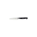 The Messermeister Meridian Elite 3.5” Spear Point Paring Knife, made from German stainless steel and featuring a triple-riveted black handle, is displayed on a white background.
