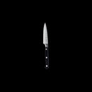 The Messermeister Meridian Elite 3.5" Spear Point Paring Knife features German stainless steel, a black handle with three silver rivets, and is showcased vertically against a solid black background.