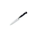 The Messermeister Meridian Elite Spear Point Paring Knife - 4" features a German-forged stainless steel blade with a razor-sharp edge, black triple-riveted handle, and is shown on a white background.