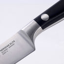 A close-up of the Messermeister Meridian Elite Spear Point Paring Knife - 4" shows its German-forged blade labeled "MERIDIAN ELITE, SOLINGEN - GERMANY.” The black handle features a metal rivet and smooth transition for added comfort.