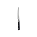 The Messermeister Meridian Elite 4" Spear Point Paring Knife, featuring a stainless steel blade and triple-riveted black handle, stands upright against a white background, highlighting its German-forged precision.