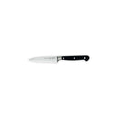 The Messermeister Meridian Elite Spear Point Paring Knife - 4" features a razor-sharp, German-forged stainless steel blade and a black triple-riveted handle, elegantly displayed on a white background.