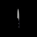The Messermeister Meridian Elite 4" Spear Point Paring Knife, forged in Germany, features a stainless steel blade and a black triple-riveted handle, displayed vertically against a solid black background.