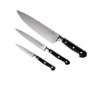 The Messermeister Meridian Elite Starter Set - 3 Piece features three German kitchen knives with silver blades and triple-riveted black handles, arranged diagonally on a white background.