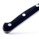 Close-up of the Messermeister Meridian Elite Starter Set - 3 Piece: black handle with three silver rivets, inspired by classic German designs, shown against a white background.