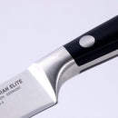 Close-up of the blade and black handle with a visible metal rivet on a Messermeister Meridian Elite Starter Set - 3 Piece chef’s knife. The blade features engraved text, set against a plain, light background.