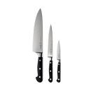 The Messermeister Meridian Elite Starter Set - 3 Piece displays three German kitchen knives with black handles and silver blades, arranged upright side by side on a plain white background.