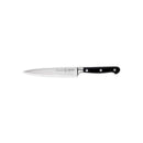 The Messermeister Meridian Elite Starter Set - 3 Piece, inspired by classic Solingen Germany knives, features a stainless steel chef’s knife with a black handle and three silver rivets, displayed on a white background.